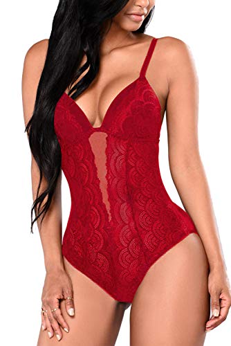 EVELIFE Mujer Erótica Ropa Interior Apretada Malla Body Elástico Mallas Encaje Floral Translúcido(Vino Tinto XXL)