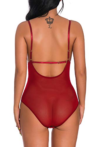 EVELIFE Mujer Erótica Ropa Interior Apretada Malla Body Elástico Mallas Encaje Floral Translúcido(Vino Tinto XXL)