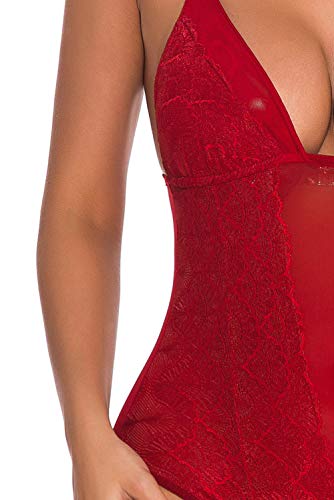 EVELIFE Mujer Erótica Ropa Interior Apretada Malla Body Elástico Mallas Encaje Floral Translúcido(Vino Tinto XXL)