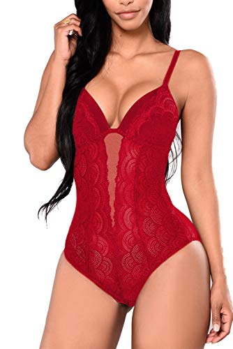 EVELIFE Mujer Erótica Ropa Interior Apretada Malla Body Elástico Mallas Encaje Floral Translúcido(Vino Tinto XXL)