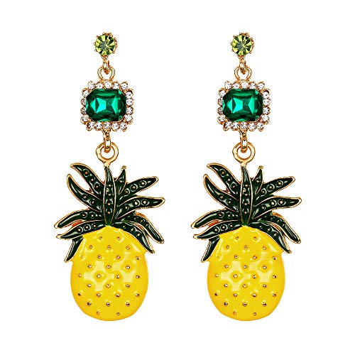 EVER FAITH Pendientes de piña para mujer con diamantes de imitación, esmalte de cristal divertido, vida como frutas, joyería de vestuario amarillo con verde