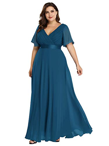 Ever-Pretty A-línea de Gala Vestido de Noche Cuello en V Manga Corta Largo para Mujer Teal 50