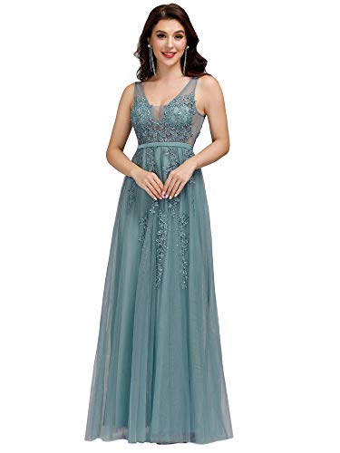 Ever-Pretty A-línea Tul Vestido de Noche Cuello en V sin Mangas Largo para Mujer Cielo Azul Oscuro 36