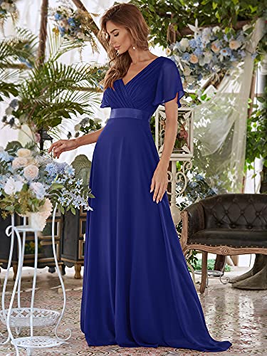 Ever-Pretty A-línea Vestido de Fiesta Cuello en V Manga Corta Gasa Corte Imperio para Mujer Azul Zafiro 42