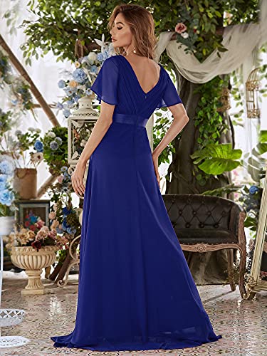 Ever-Pretty A-línea Vestido de Fiesta Cuello en V Manga Corta Gasa Corte Imperio para Mujer Azul Zafiro 42