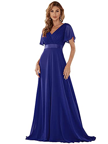 Ever-Pretty A-línea Vestido de Fiesta Cuello en V Manga Corta Gasa Corte Imperio para Mujer Azul Zafiro 42