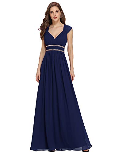 Ever-Pretty A-línea Vestido de Fiesta Gasa Cuello en V sin Mangas Largo para Mujer Azul Marino 36