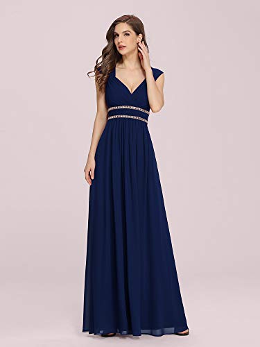 Ever-Pretty A-línea Vestido de Fiesta Gasa Cuello en V sin Mangas Largo para Mujer Azul Marino 36