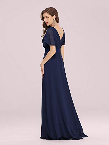 Ever-Pretty A-línea Vestido de Noche Cuello en V Manga Corta Gasa Corte Imperio para Mujer Azul Marino 44