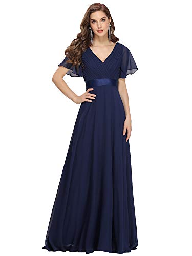 Ever-Pretty A-línea Vestido de Noche Cuello en V Manga Corta Gasa Corte Imperio para Mujer Azul Marino 44