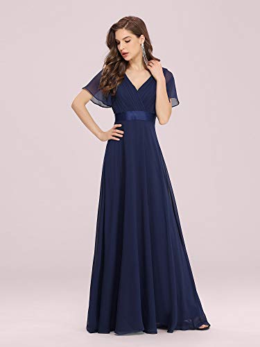 Ever-Pretty A-línea Vestido de Noche Cuello en V Manga Corta Gasa Corte Imperio para Mujer Azul Marino 44