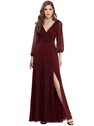Ever-Pretty Cuello en V Vestido de Noche Abertura A-línea Manga Larga para Mujer Borgoña 40