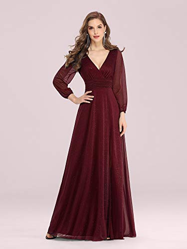 Ever-Pretty Cuello en V Vestido de Noche Abertura A-línea Manga Larga para Mujer Borgoña 40
