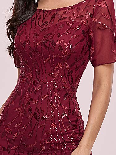 Ever-Pretty Sirena a Fiori Vestido de Noche Lentejuela Tul Vestido de Fiesta Manga Corta Largo Borgoña 50