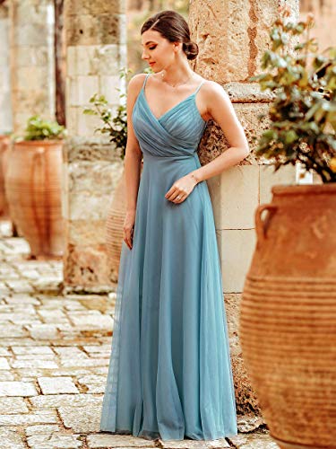 Ever-Pretty Vestido de Dama de Honor para Mujer Dodas Cuello en V Largo Correas Ajustables Azul Ahumado 38