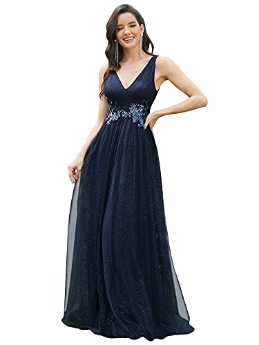 Ever-Pretty Vestido de Fiesta Largo Mujer Tul Lentejuelas Corte Imperio Apliques Escote V A-línea Azul Marino 46