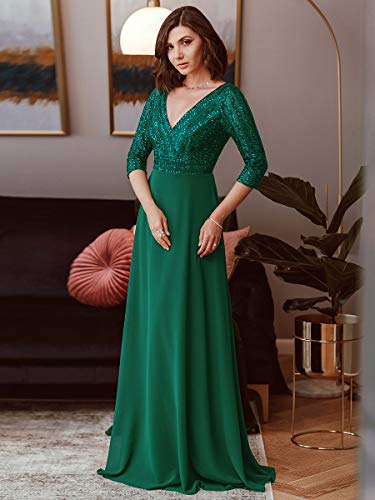 Ever-Pretty Vestido de Fiesta Lentejuelas Manga Larga Mujer A-línea Escote en V Imperio Elegant Verde Oscuro 50
