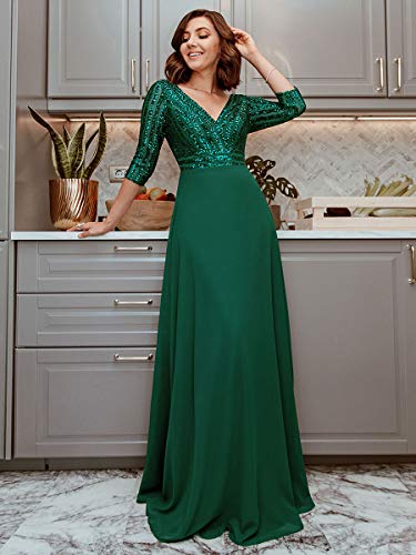 Ever-Pretty Vestido de Fiesta Lentejuelas Manga Larga Mujer A-línea Escote en V Imperio Elegant Verde Oscuro 50