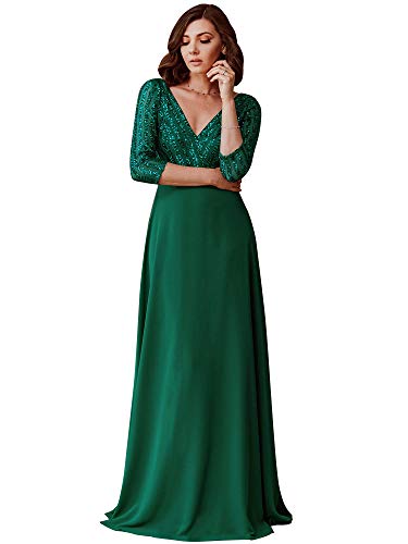 Ever-Pretty Vestido de Fiesta Lentejuelas Manga Larga Mujer A-línea Escote en V Imperio Elegant Verde Oscuro 50
