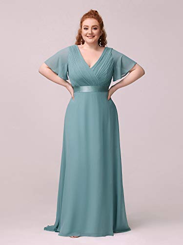 Ever-Pretty Vestido de Fiesta Noche Largo para Mujer Cuello V Manga Corta Talla Grande Azul Polvoriento 52