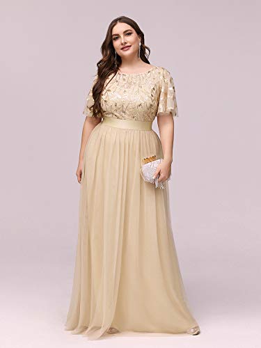 Ever-Pretty Vestidos de Fiesta Lentejuelas Manga Corta A-línea Corte Imperio Talla Grande para Mujer Dorado 42