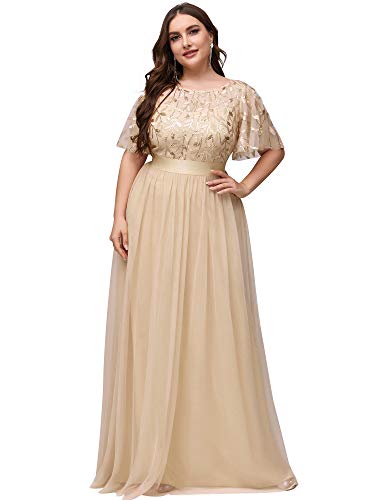 Ever-Pretty Vestidos de Fiesta Lentejuelas Manga Corta A-línea Corte Imperio Talla Grande para Mujer Dorado 42