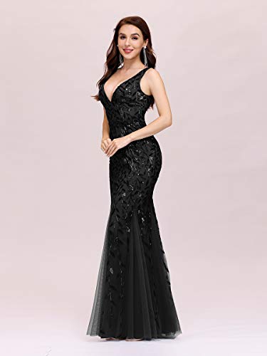 Ever-Pretty Vestidos de Fiesta Sirena sin Mangas Cuello en V Lentejuelas Tul Corte Imperio para Mujer Negro 50