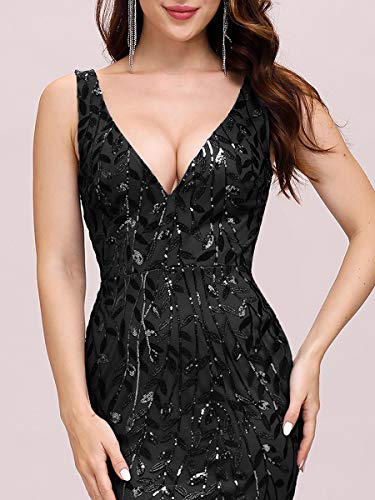 Ever-Pretty Vestidos de Fiesta Sirena sin Mangas Cuello en V Lentejuelas Tul Corte Imperio para Mujer Negro 50