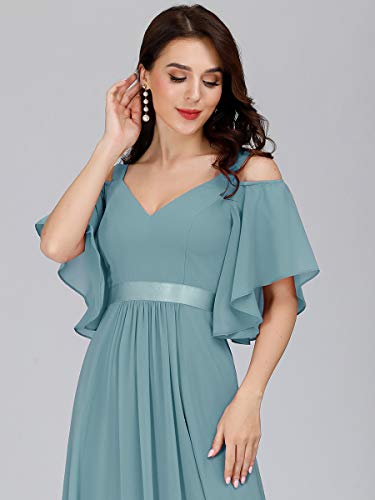 Ever-Pretty Vestidos de Noche Gasa Cuello en V Manga Corta sin Hombros A-línea Corte Imperio para Mujer Azul Polvoriento 42