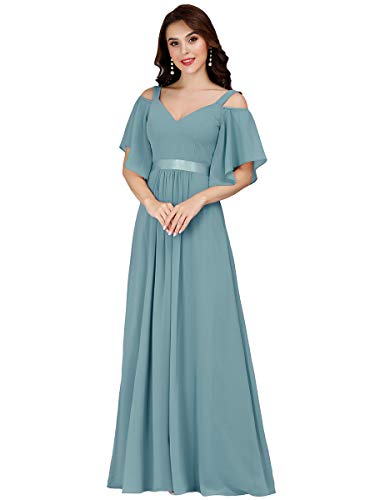 Ever-Pretty Vestidos de Noche Gasa Cuello en V Manga Corta sin Hombros A-línea Corte Imperio para Mujer Azul Polvoriento 42