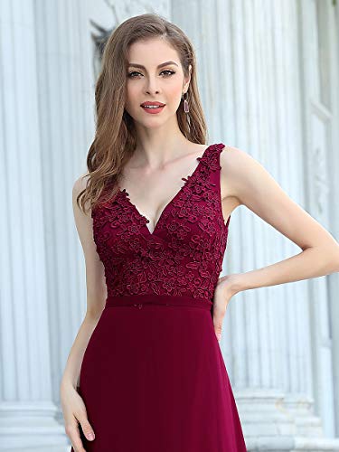 Ever-Pretty Vestidos Invitada Boda Largo Corte Imperio Escote en V Chiffón Sin Mangas con Apliques Mujer Burdeos 40