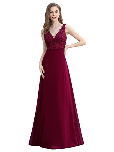 Ever-Pretty Vestidos Invitada Boda Largo Corte Imperio Escote en V Chiffón Sin Mangas con Apliques Mujer Burdeos 40