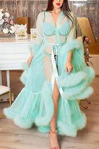 EVR Bata para Mujer, Mujer Sexy Larga de Seda Kimono Bata Babydoll lencería baño Albornoz para la Boda Novia Fiesta Vestido de Cola con Manga Acampanada y Plumas Sexy Transparente,Rojo