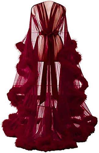 EVR Bata para Mujer, Mujer Sexy Larga de Seda Kimono Bata Babydoll lencería baño Albornoz para la Boda Novia Fiesta Vestido de Cola con Manga Acampanada y Plumas Sexy Transparente,Rojo