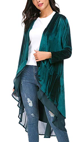 EXCHIC Cárdigan Larga de Terciopelo con Frente Abierta para Mujer con Dobladillo de Gasa Asimétrico (L, Lyons Azul)