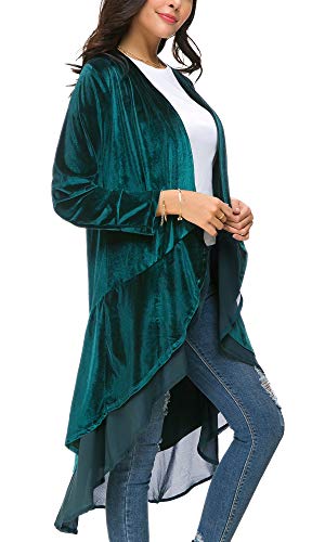 EXCHIC Cárdigan Larga de Terciopelo con Frente Abierta para Mujer con Dobladillo de Gasa Asimétrico (L, Lyons Azul)