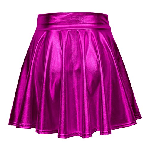 EXCHIC Mujer Falda Skater Acampanada Metálica Brillante (M, Rosa roja)