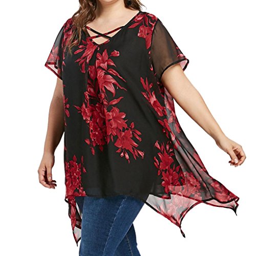 FAMILIZO Camisetas Mujer Verano Tallas Grandes XL~5XL Blusa Mujer Elegante Camisetas Mujer Manga Corta Gasa Camisetas Mujer Fiesta Floral Camisas Mujer Elegantes Largo (XL, Negro)