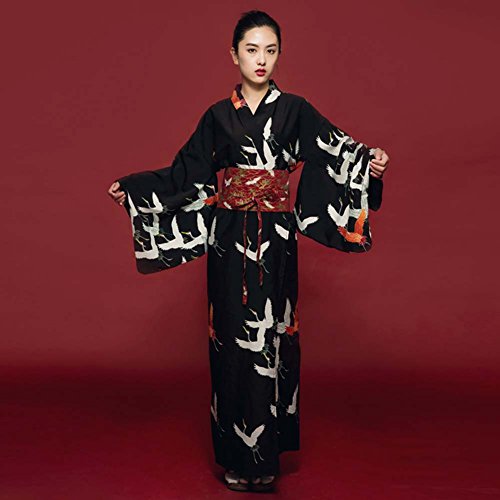 Fancy Pumpkin Albornoz del Traje del Kimono de Las Mujeres retras del Estilo japonés con la Cintura, grúa Red-Crowned