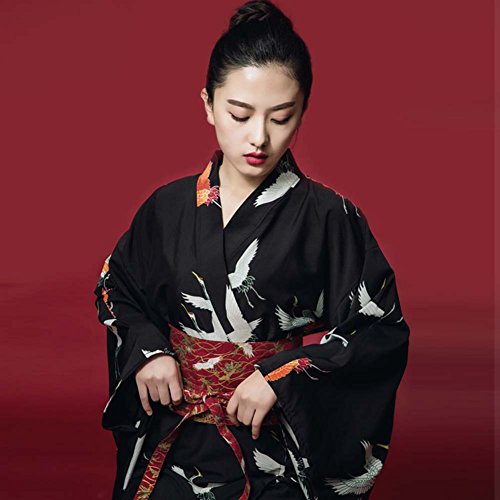 Fancy Pumpkin Albornoz del Traje del Kimono de Las Mujeres retras del Estilo japonés con la Cintura, grúa Red-Crowned