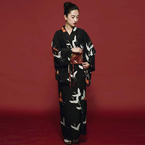Fancy Pumpkin Albornoz del Traje del Kimono de Las Mujeres retras del Estilo japonés con la Cintura, grúa Red-Crowned
