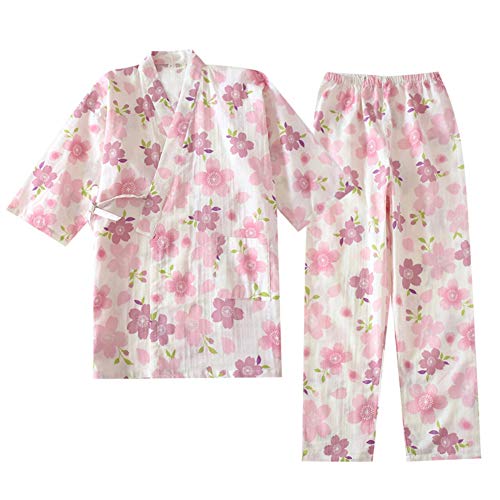 Fancy Pumpkin Traje de pijama de algodón de las mangass del estilo japonés de las Traje de la bata del kimono del algodón Set- para Mujer L Green