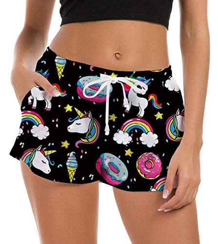 Fanient - Pantalones cortos de natación para mujer, gráficos 3D, de secado rápido, pantalones cortos de verano, bañador de verano, con cordón ajustable A1-unicornio negro XS
