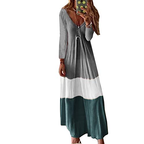 Fansu Vestidos Largos Casual Talla Grandes Mujer Boho Maxi Dress Fiesta Vestido Elegantes Sexy Cuello en V Fiesta Ropa Hippie Chic Cocktail (L,Gris)