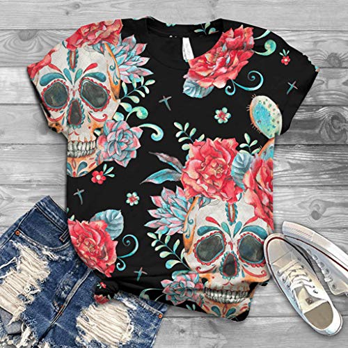 FantaisieZ Camisetas de mujer de manga corta con estampado de cráneo grande, cuello redondo, estilo casual, para verano, sueltas, túnica, impresión 3D H M