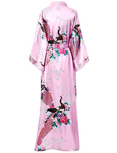 Fantherin Kimono Bata Kimono Floral Bata Seda Satén Kimono para Mujer Boda Pijama Fiesta 135cm (Rosa Claro)