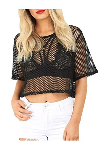 Fashion island mujer ver a través de malla transparente superior señoras manga corta malla malla camiseta