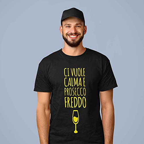 fashwork Camisetas divertidas con alcohol, para hombre y mujer, camiseta divertida con frase divertida en inglés «Ci Vuole Calma y Prosecco Freddo» Nero Uomo M