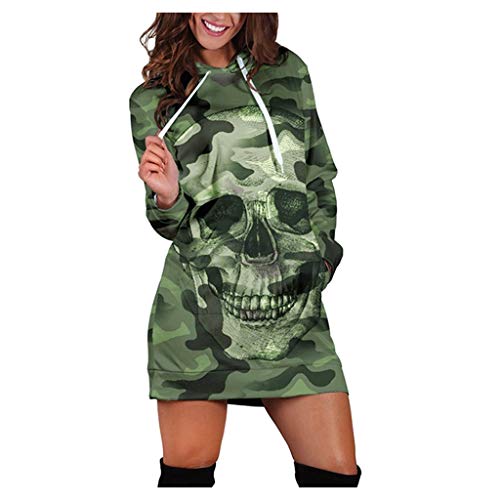 Fcostume Mujer Sudadera con Capucha Talla Grande Sudadera Vestido Manga Larga Casual Camuflaje Cráneo Estampado Hoodie Jersey Larga