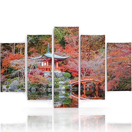 Feeby Frames, Cuadro en lienzo - 5 partes - Cuadro impresión, Cuadro decoración, Canvas (JARDÍN JAPONÉS, ROJO) 200x100 cm, Tipo A